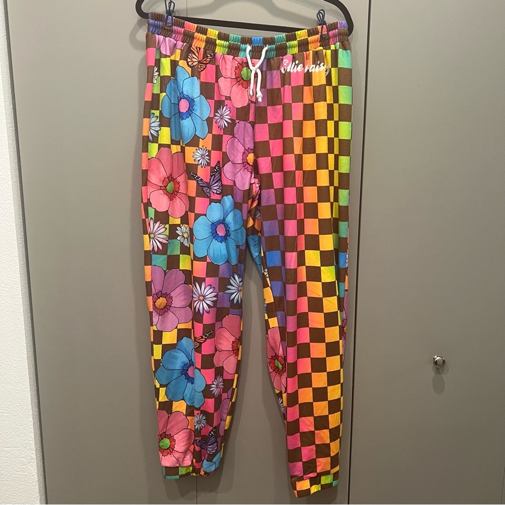 Ellie Paisley 3XL Rainbow & Brown Checker Floral Butterfly Joggers Sweat Pants